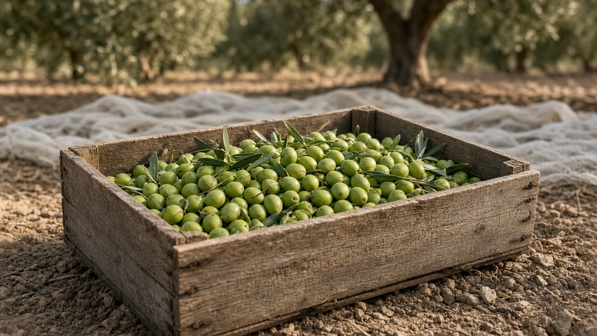 Frisch geerntete grüne Arbequina-Oliven in einer Holzkiste unter Olivenbäumen in Andalusien (KI-generiert)