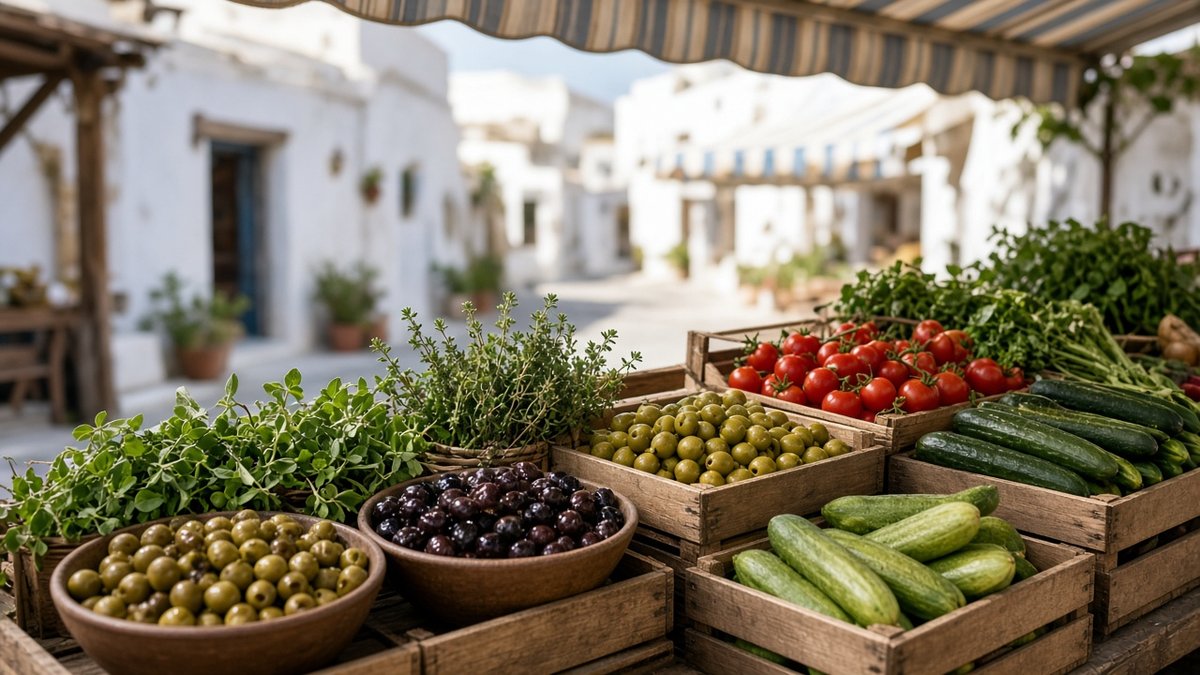 Marktstand auf Kreta mit grünen und schwarzen Oliven, Kräutern und Gemüse in Holzkisten (KI-generiert)