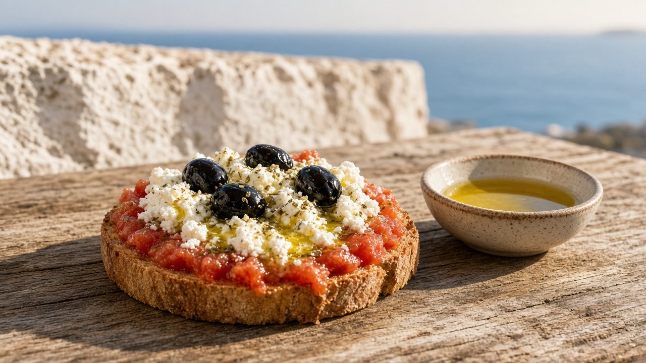Kretischer Dakos mit geriebener Tomate, weißem Käse, Oliven und Olivenöl auf einem Holztisch im Freien (KI-generiert)