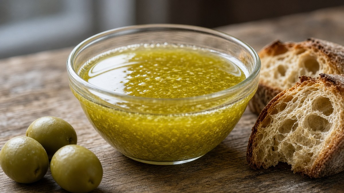 Naturtrübes, grüngoldenes Olivenöl in einer kleinen Glasschale, daneben Scheiben Landbrot und grüne Oliven auf einem Holztisch (KI-generiert)
