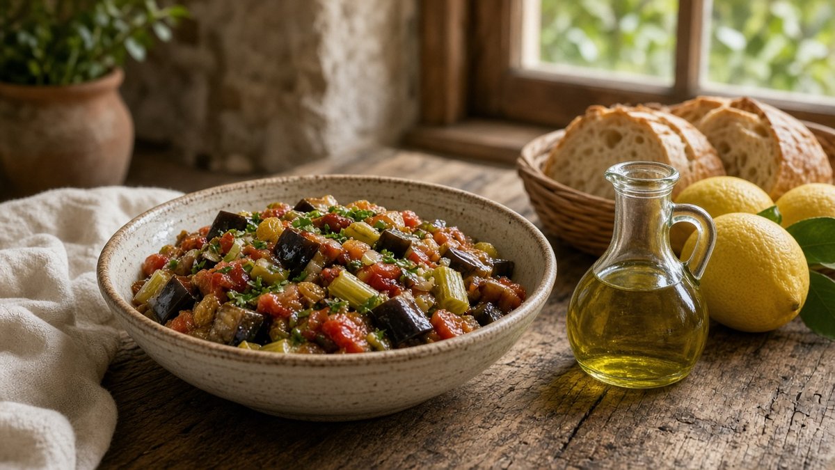 Schale Caponata mit Brot, Zitronen und einem unbeschrifteten Glaskännchen mit Olivenöl auf einem Holztisch (KI-generiert)