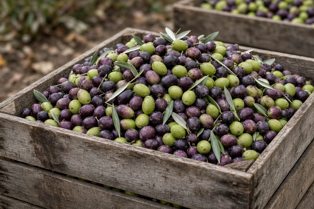 Frisch geerntete grüne, violette und schwarze Oliven in einer Holzkiste an der Ölmühle (KI-generiert)