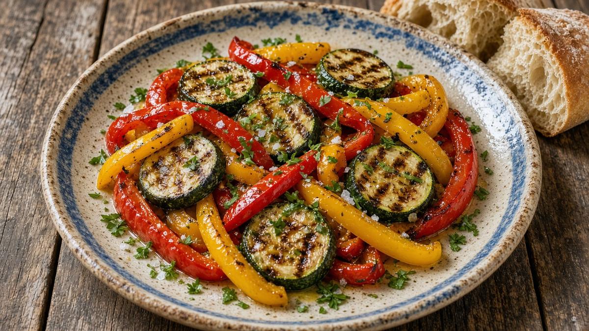 Gegrillte Paprika und Zucchini auf einer Platte, mit Olivenöl beträufelt und mit Kräutern bestreut (KI-generiert)