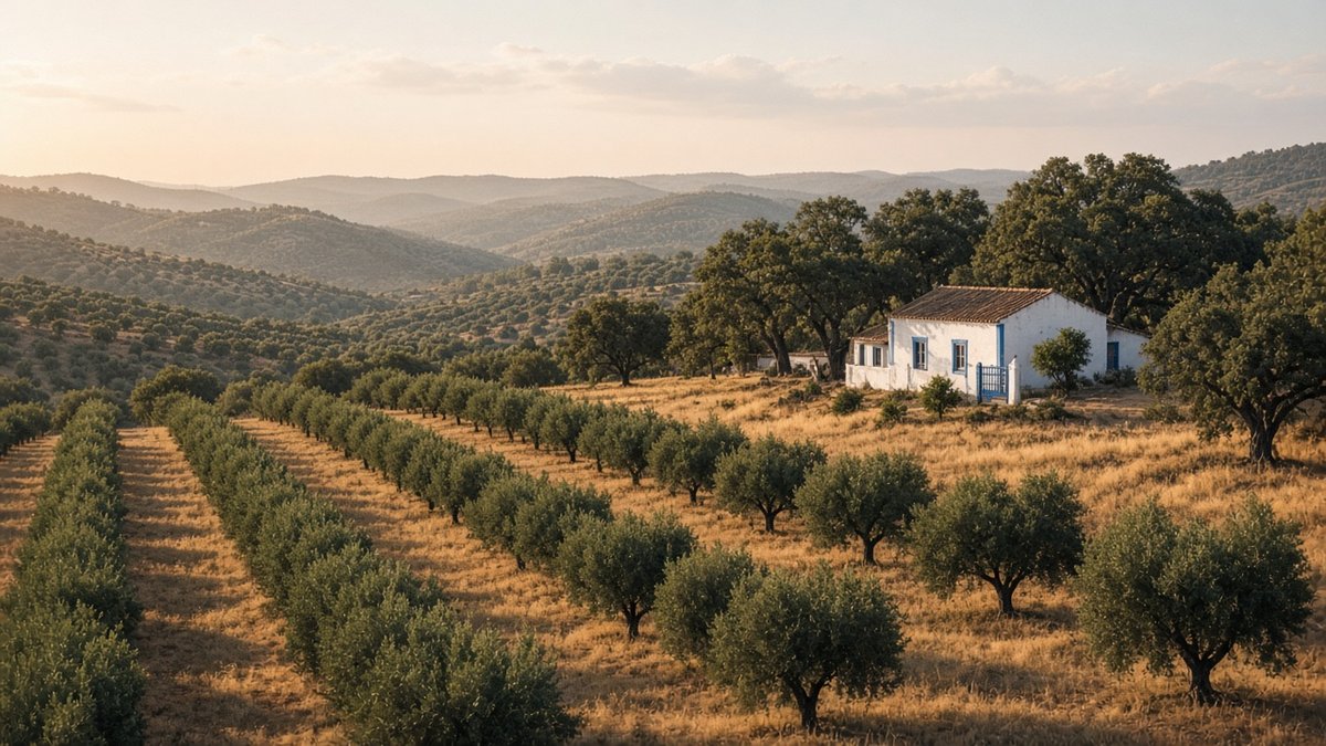 Weite Olivenhaine auf sanften Hügeln in Portugal mit einem weißen Gehöft und Korkeichen (KI-generiert)