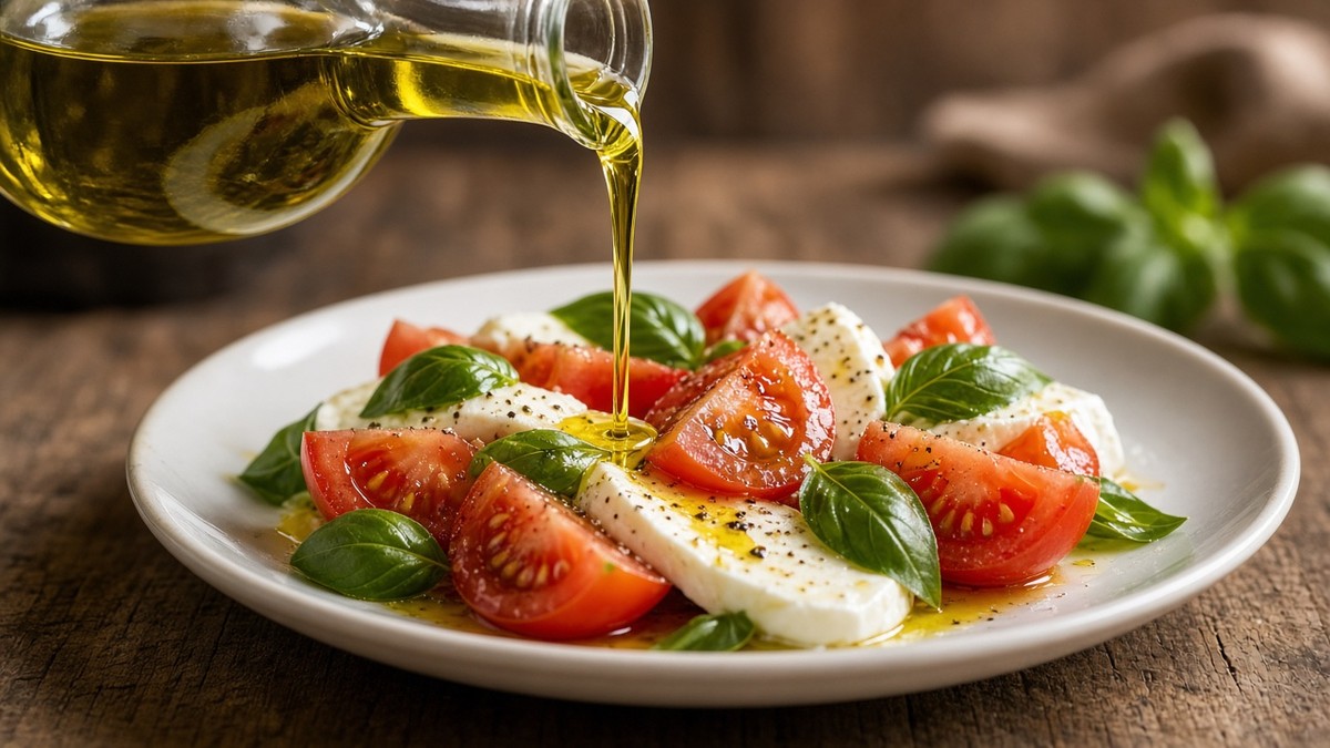 Olivenöl fließt aus einer unbeschrifteten Glaskaraffe über Tomaten- und Mozzarellascheiben (KI-generiert)