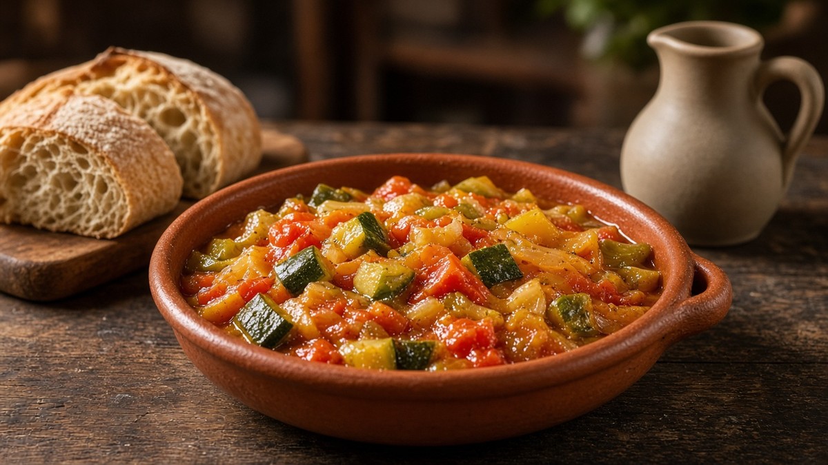 Pisto manchego aus Tomaten, Paprika, Zucchini und Zwiebeln in einer Tonschale, daneben Landbrot und ein unbeschriftetes Kännchen mit Olivenöl (KI-generiert)