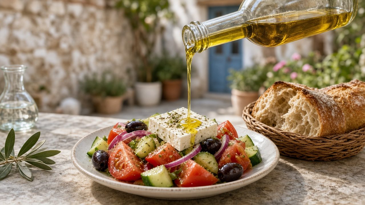 Griechischer Salat mit Brot, Olivenöl fließt aus einer neutralen Glasflasche (KI-generiert)