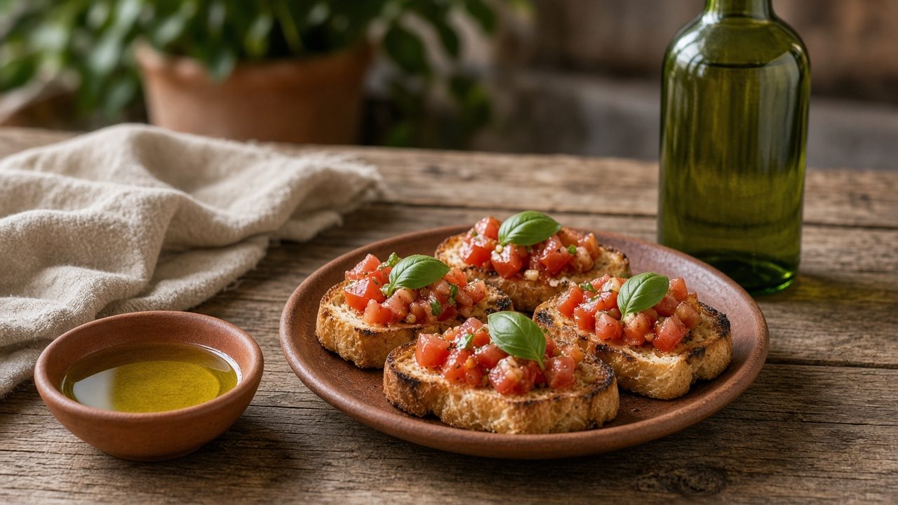 Bruschetta mit Tomate und Basilikum, daneben Olivenöl in Schale und neutrale Flasche (KI-generiert)