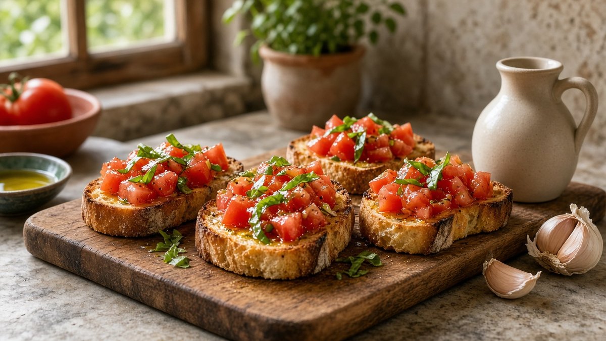 Geröstete Landbrotscheiben mit gewürfelten Tomaten, Basilikum und einem Faden Olivenöl auf einem Holzbrett, daneben ein unbeschriftetes Ölkännchen und Knoblauch (KI-generiert)
