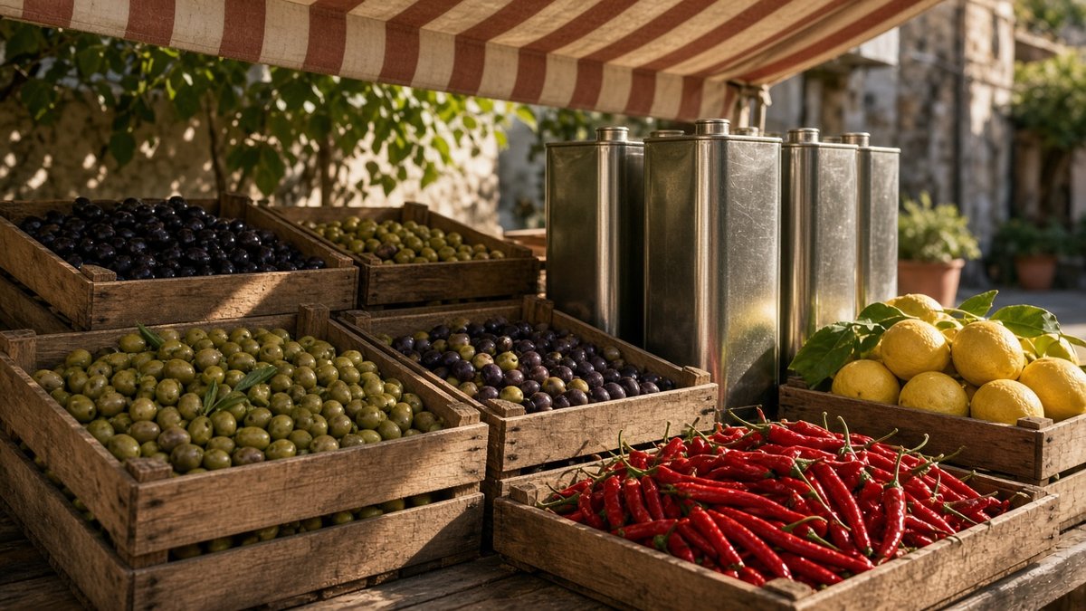 Marktstand in Kalabrien mit grünen und schwarzen Oliven in Holzkisten, Bündeln roter Peperoncini, Zitronen und unbeschrifteten Blechdosen, Morgenlicht (KI-generiert)