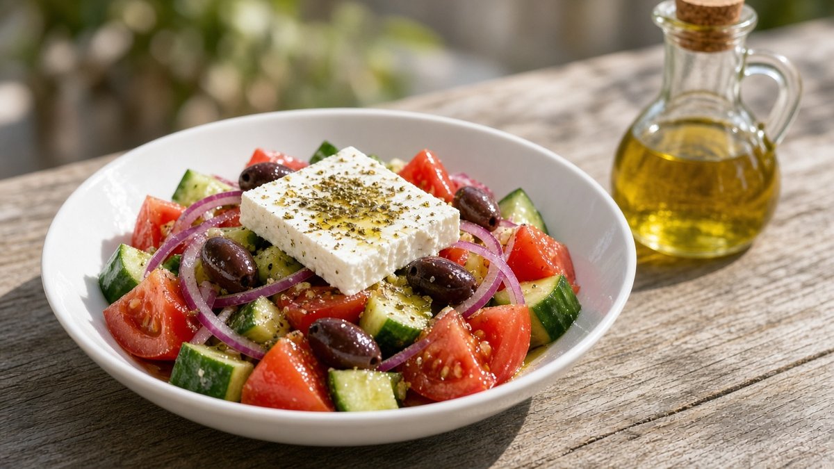 Griechischer Bauernsalat mit Feta, Tomaten, Gurke und Oliven, daneben ein unbeschriftetes Kännchen Olivenöl (KI-generiert)