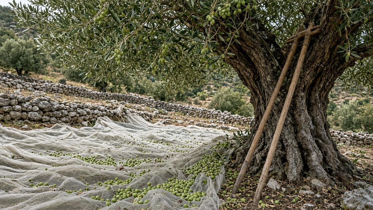Netze unter Olivenbäumen auf Terrassen bei Plomari, frühe Ernte grüner Oliven im Oktober (KI-generiert)