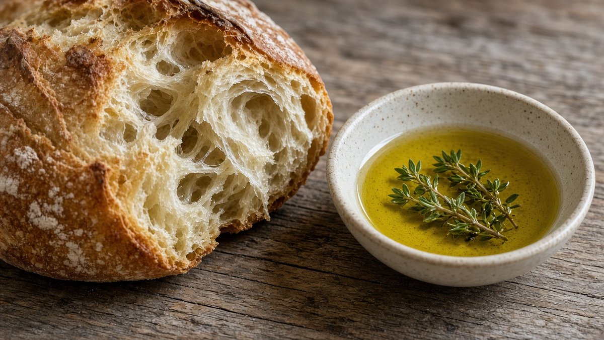 Aufgerissenes Brot neben einer kleinen Schale Olivenöl mit frischen Kräutern auf einem Holztisch (KI-generiert)