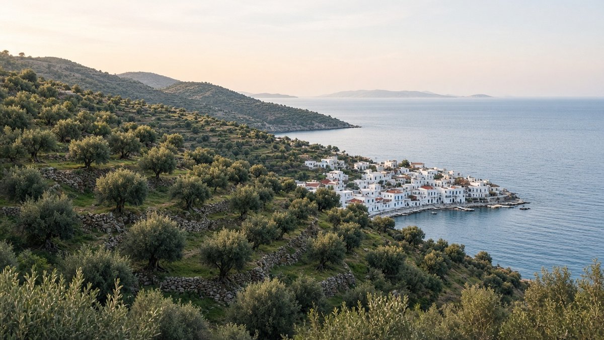 Terrassierte Olivenhaine an grünen Hängen über einem kleinen Küstenort auf Lesbos (KI-generiert)