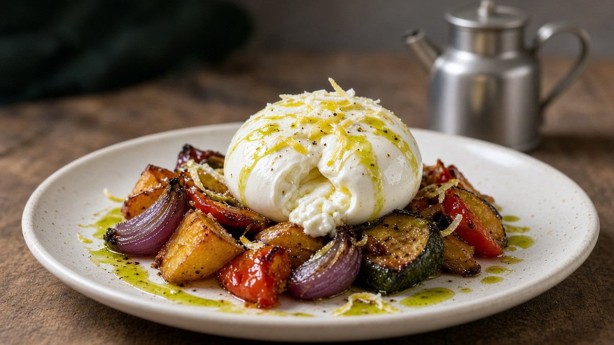 Burrata mit Ofengemüse und Zitronenzesten, beträufelt mit grünem Olivenöl (KI-generiert)