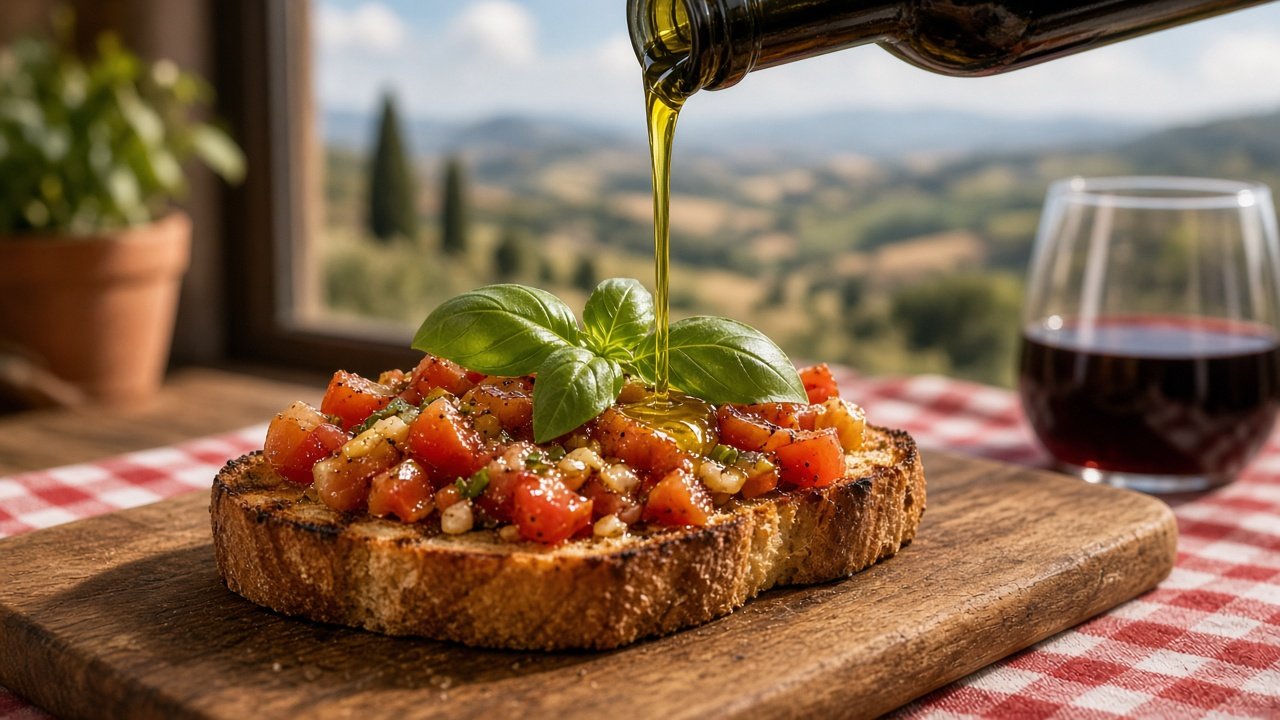 Olivenöl wird über eine Bruschetta mit Tomaten und Basilikum gegossen, im Hintergrund eine Hügellandschaft (KI-generiert)