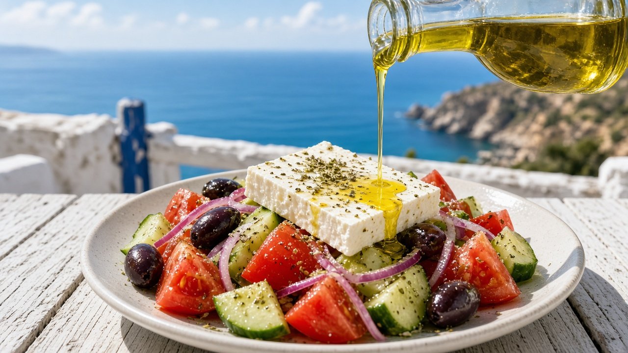 Olivenöl wird über einen griechischen Salat mit Feta, Tomaten, Gurke und Oliven gegossen, im Hintergrund das Meer (KI-generiert)