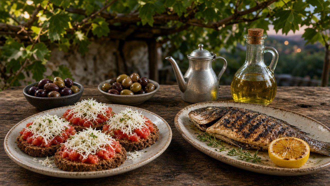 Gedeckter Tisch im Freien mit Dakos, gegrilltem Fisch, Oliven und einer Karaffe Olivenöl (KI-generiert)