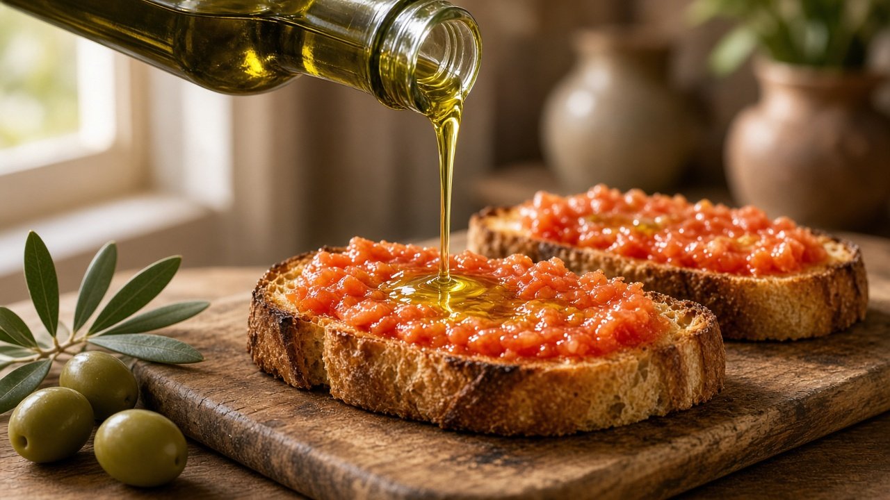Olivenöl wird über geröstetes Brot mit geriebener Tomate gegossen, daneben grüne Oliven (KI-generiert)
