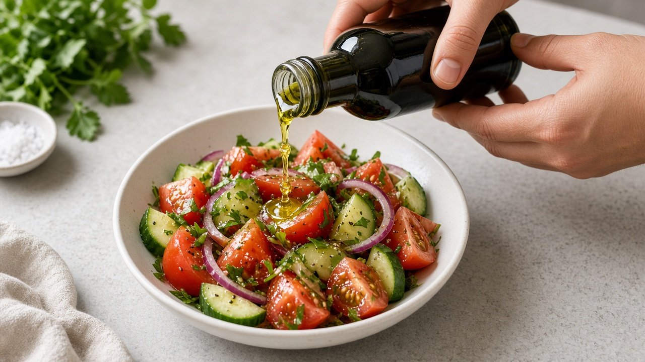 Olivenöl wird aus einer dunklen Flasche über einen Salat aus Tomaten, Gurke und roten Zwiebeln geträufelt (KI-generiert)
