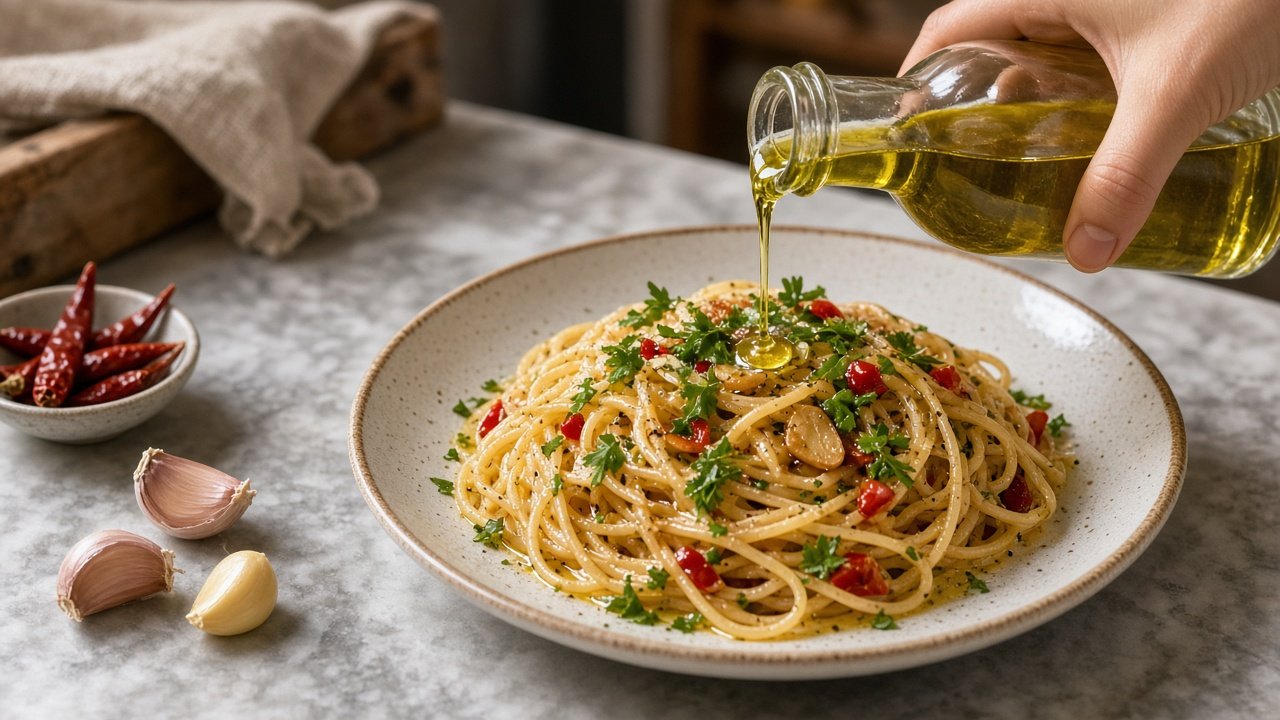 Olivenöl wird über einen Teller Spaghetti aglio e olio mit Knoblauch, Chili und Petersilie gegossen (KI-generiert)
