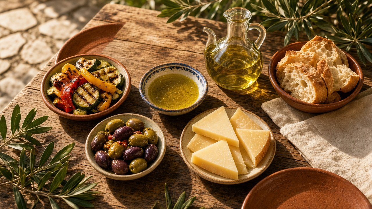 Tapas-Tisch mit Oliven, Käse, Brot und gegrilltem Gemüse, dazu eine Schale und eine Karaffe Olivenöl (KI-generiert)