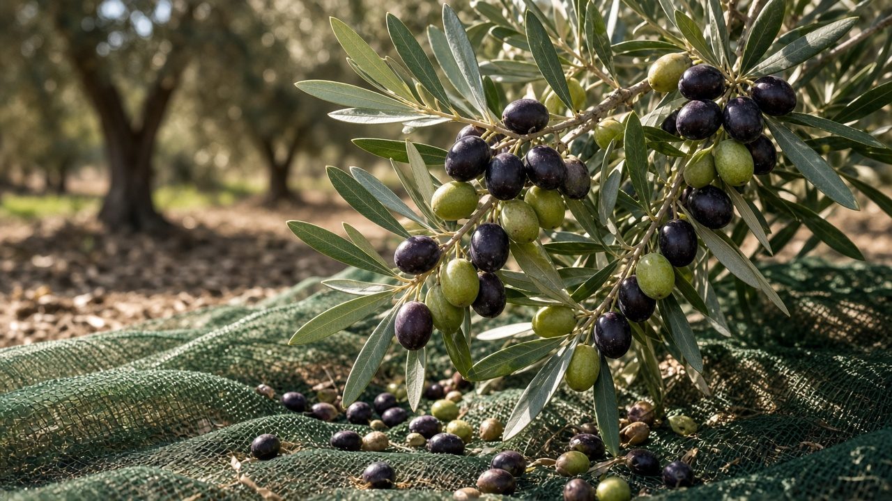 Olivenzweig mit kleinen grünen und dunkelvioletten Oliven, darunter ein ausgelegtes Erntenetz (KI-generiert)