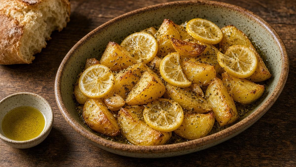 Griechische Ofenkartoffeln mit Zitrone und Oregano in einer Keramikform, mit Olivenöl beträufelt (KI-generiert)
