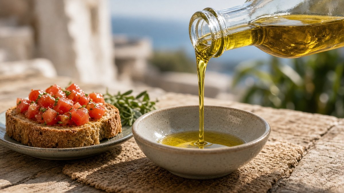 Olivenöl wird über griechisches Brot mit Tomate gegossen (KI-generiert)