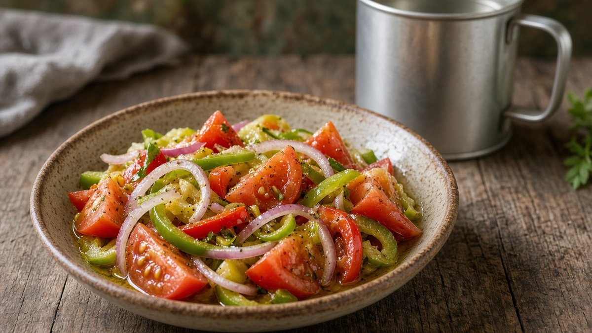 Bunter Gemüsesalat mit Tomaten, Paprika und Zwiebeln in einer Keramikschale, mit Olivenöl beträufelt (KI-generiert)