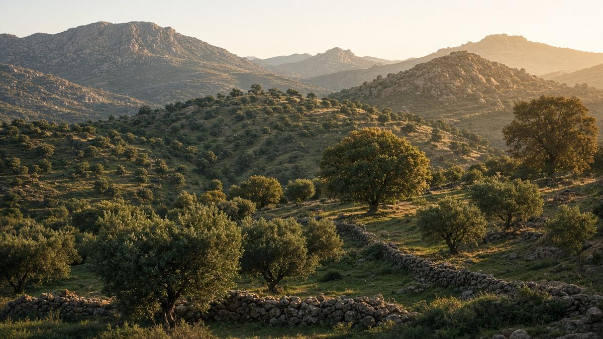 Olivenbäume an grünen, sanften Berghängen der Sierra de Gata mit Steinmauern und Eichen (KI-generiert)
