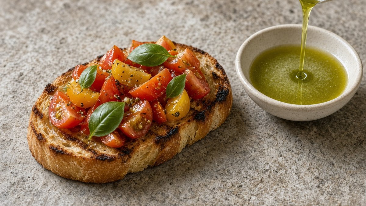 Geröstete Brotscheiben mit Tomaten, beträufelt mit naturtrübem grüngoldenem Olivenöl (KI-generiert)