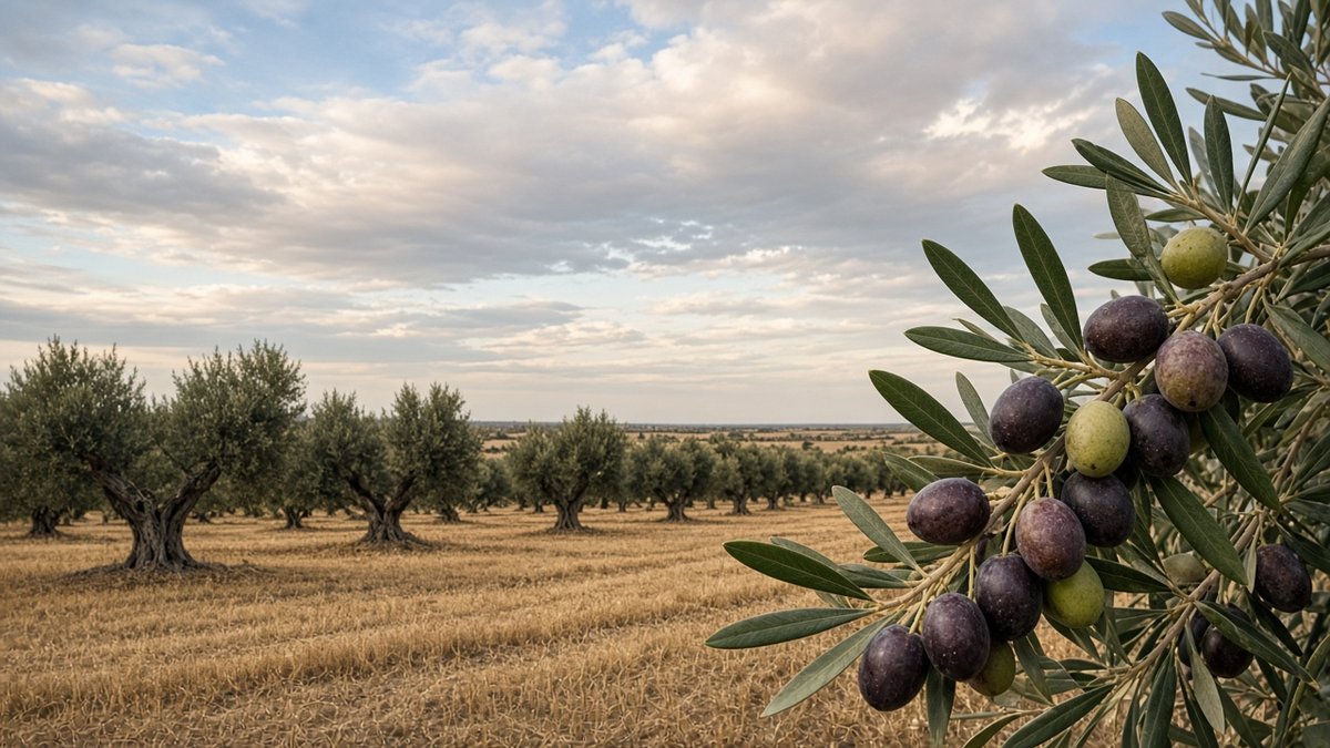 Reihen alter Olivenbäume in der flachen Ebene des Tavoliere in Apulien unter weitem Himmel (KI-generiert)