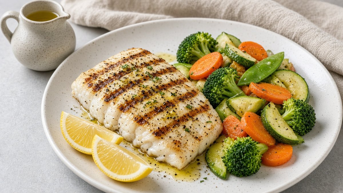 Gegrillter Fisch mit Ofengemüse und Zitrone, beträufelt mit goldgelbem Olivenöl (KI-generiert)