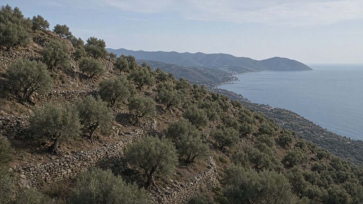 Terrassierte Olivenhaine an steilen Hängen bei Plomari auf Lesbos mit Blick auf die Ägäis (KI-generiert)