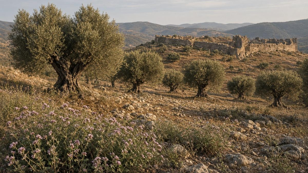 Olivenhaine auf Hügeln Messeniens, im Hintergrund antike Steinmauern im Morgenlicht (KI-generiert)