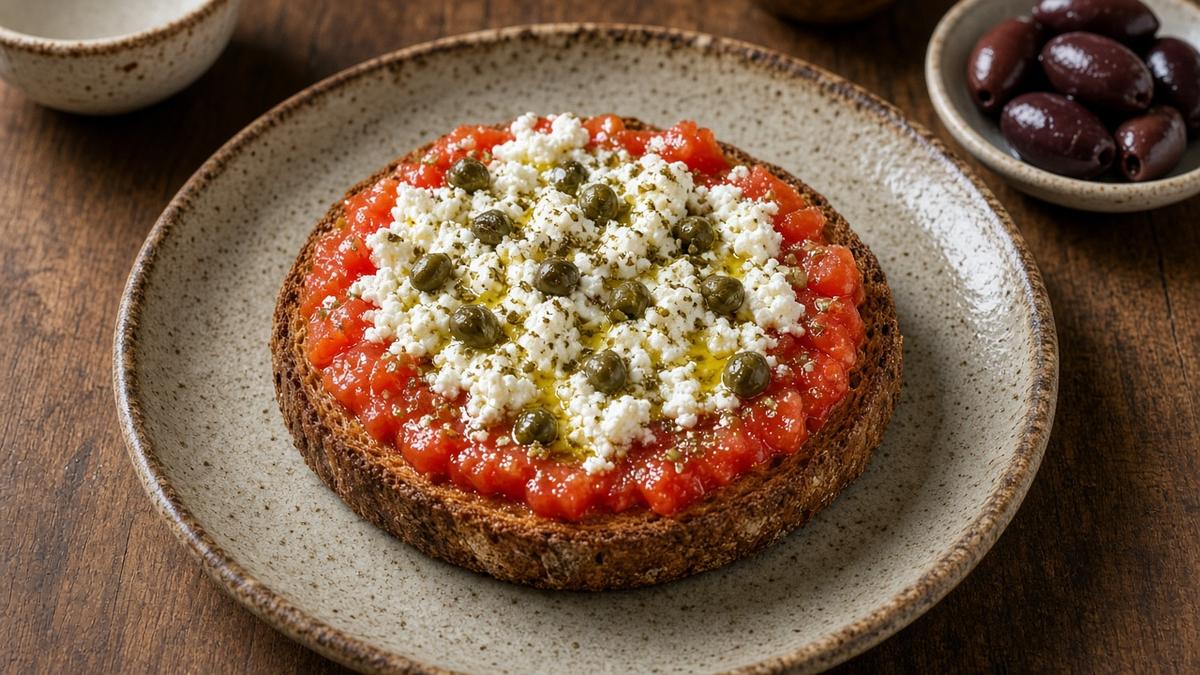 Kretischer Dakos mit Tomaten, Frischkäse und Oregano, mit Olivenöl beträufelt, auf einem gedeckten Holztisch (KI-generiert)