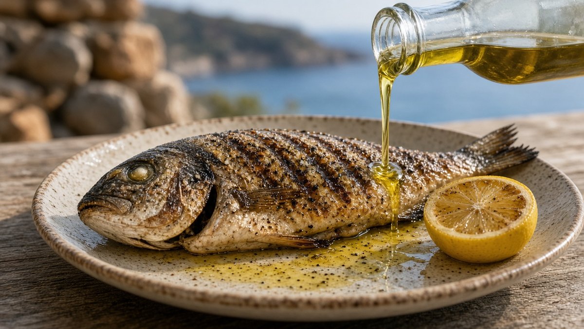 Gegrillter Fisch mit Olivenöl und Zitrone (KI-generiert)