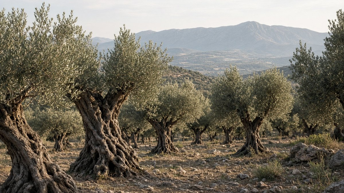 Alte Olivenbäume in einer kretischen Hügellandschaft (KI-generiert)
