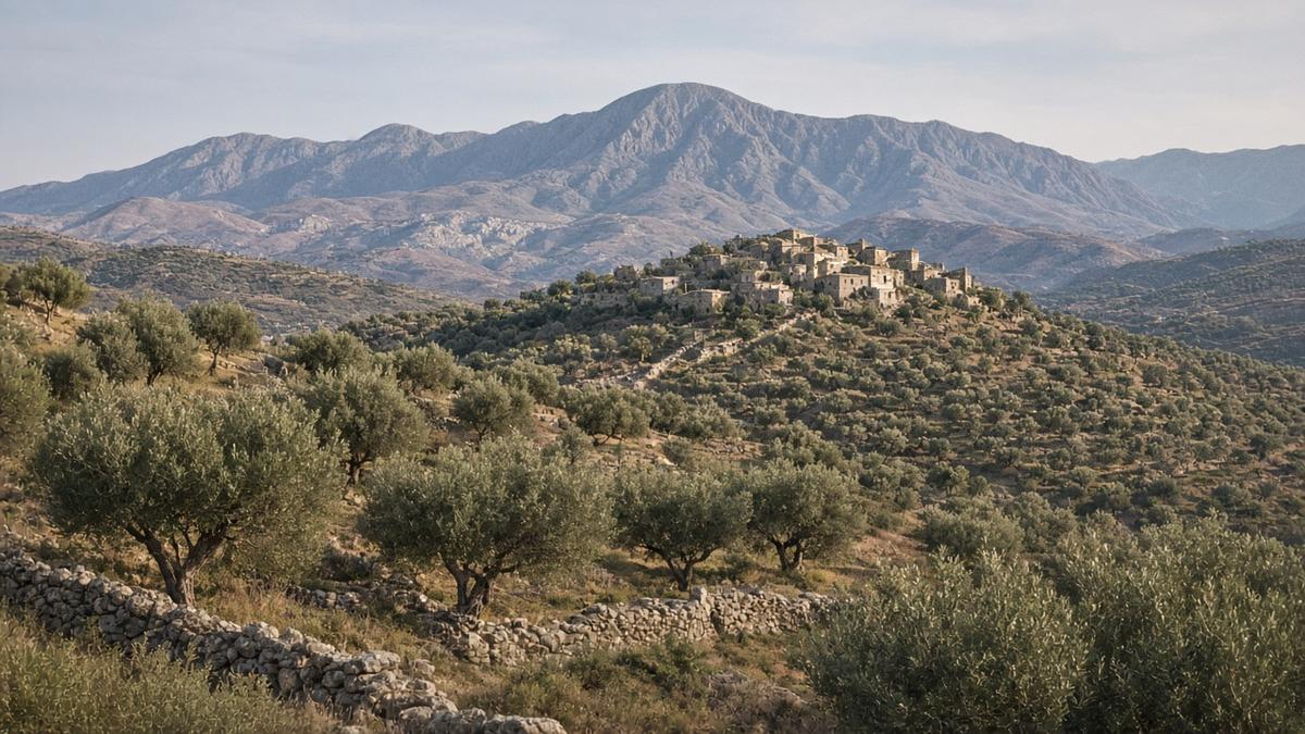 Olivenhaine an sanften Hügeln im Hinterland von Heraklion, dahinter Berge im Morgenlicht (KI-generiert)
