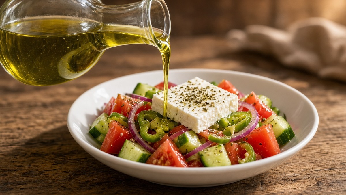 Olivenöl fließt aus einer unbeschrifteten Glaskaraffe über einen griechischen Bauernsalat (KI-generiert)