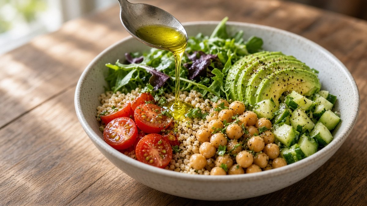 Gemüse-Bowl mit Kichererbsen, Avocado und Kräutern, beträufelt mit grünem Olivenöl (KI-generiert)