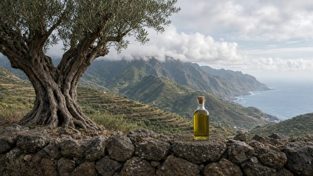 Alter Olivenbaum auf Terrassen einer Kanareninsel mit Atlantik und Olivenölflasche (KI-generiert)