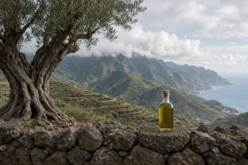 Alter Olivenbaum auf Terrassen einer Kanareninsel mit Atlantik und Olivenölflasche (KI-generiert)
