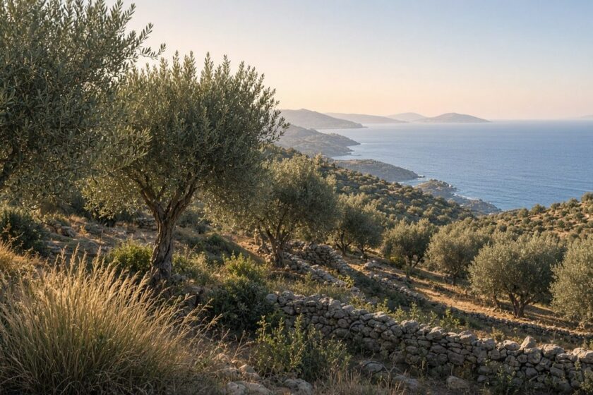 Olivenhain in hügeliger griechischer Landschaft mit Blick aufs Meer (KI-generiert)