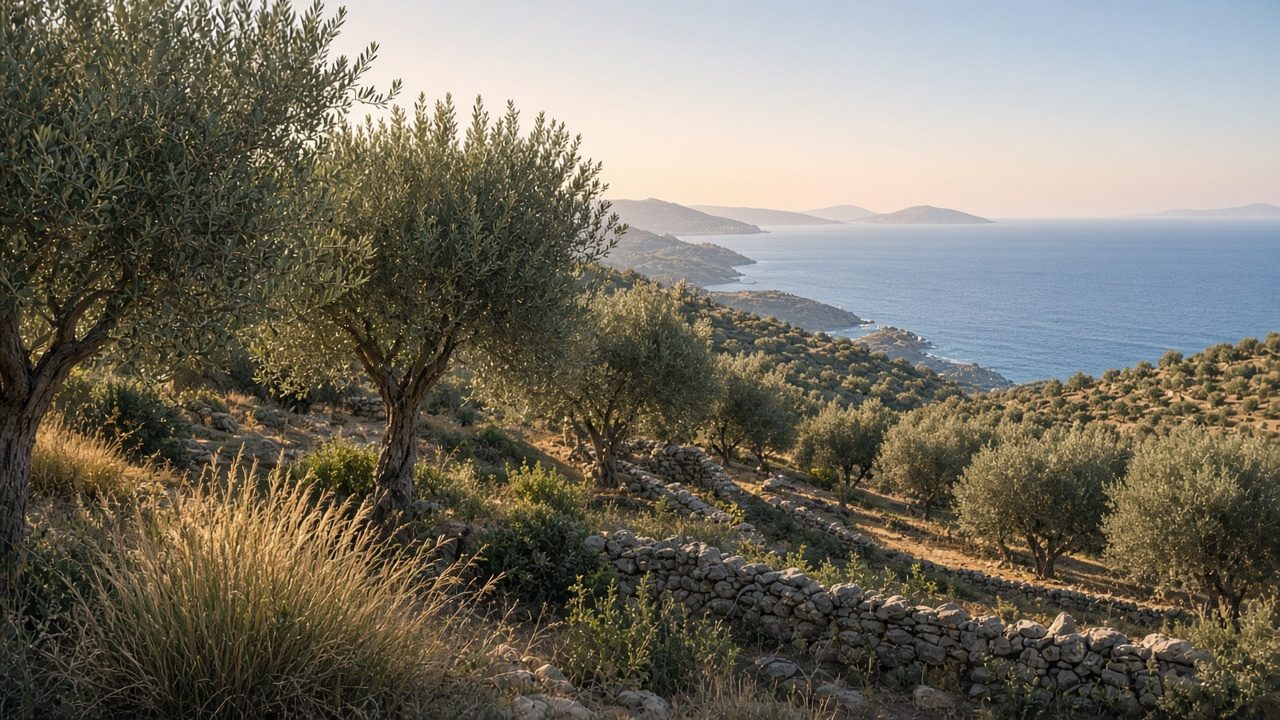 Olivenhain in hügeliger griechischer Landschaft mit Blick aufs Meer (KI-generiert)