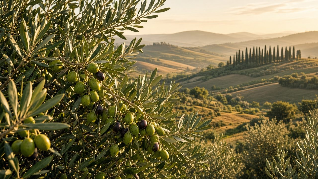 Olivenhain in hügeliger italienischer Landschaft bei warmem Abendlicht (KI-generiert)