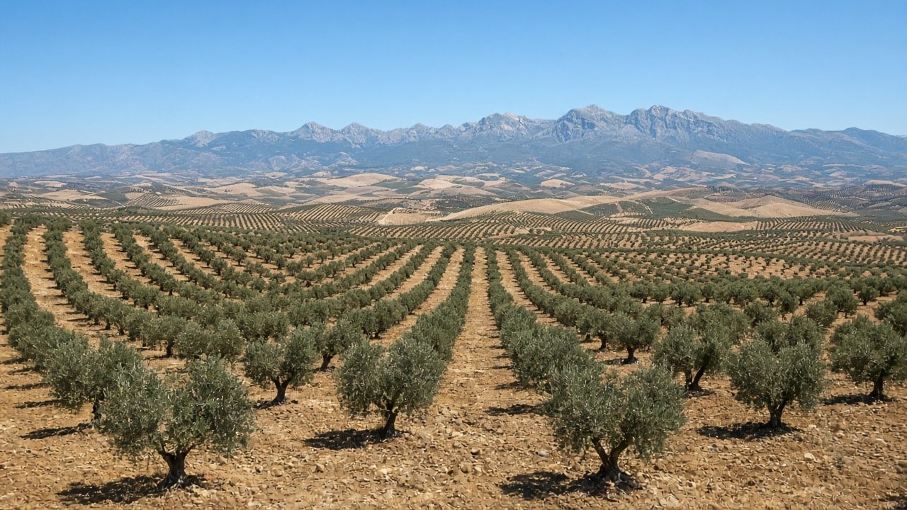 Weite Olivenhaine in Andalusien vor Gebirgssilhouette (KI-generiert)