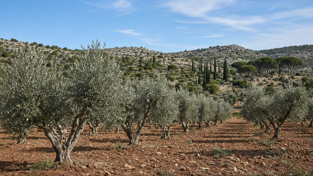Olivenhain mit mehrstämmigen Olivenbäumen vor Kalkhügeln und Garrigue in der Provence (KI-generiert)