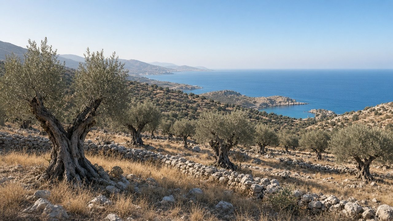 Olivenhain mit knorrigen Olivenbäumen an einem Hang bei Sitia im Osten Kretas, im Hintergrund das Meer (KI-generiert)